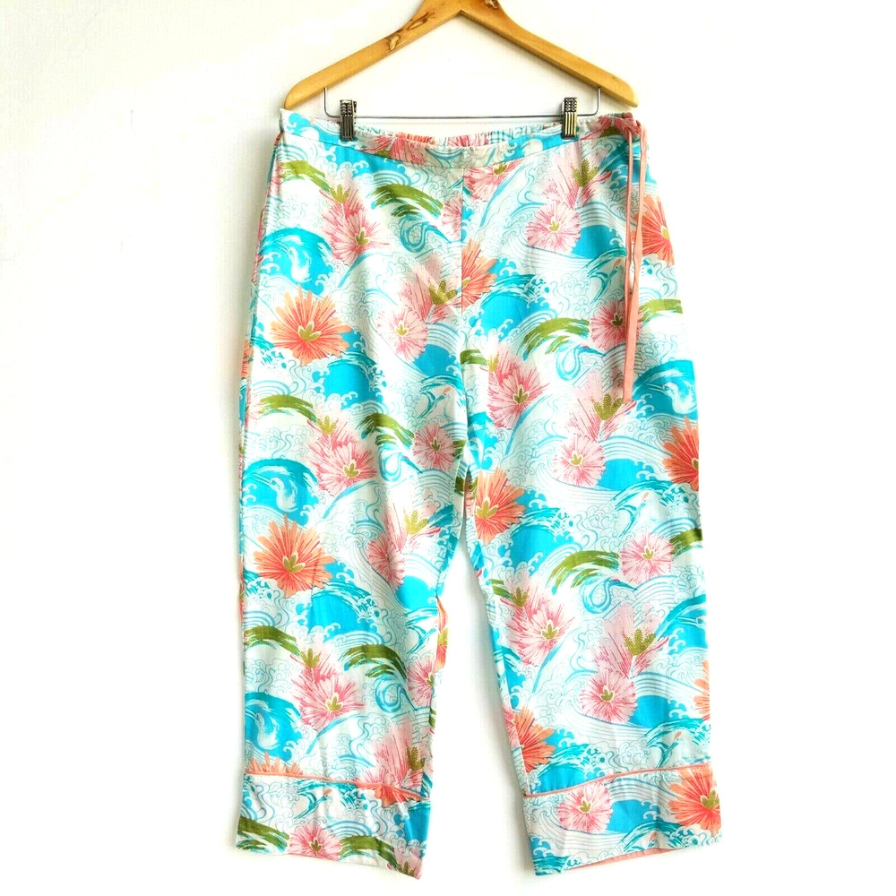 Natori XL NEW Floral Pajama Cotton Crop Pants Drawstring Sleepwear Lounge